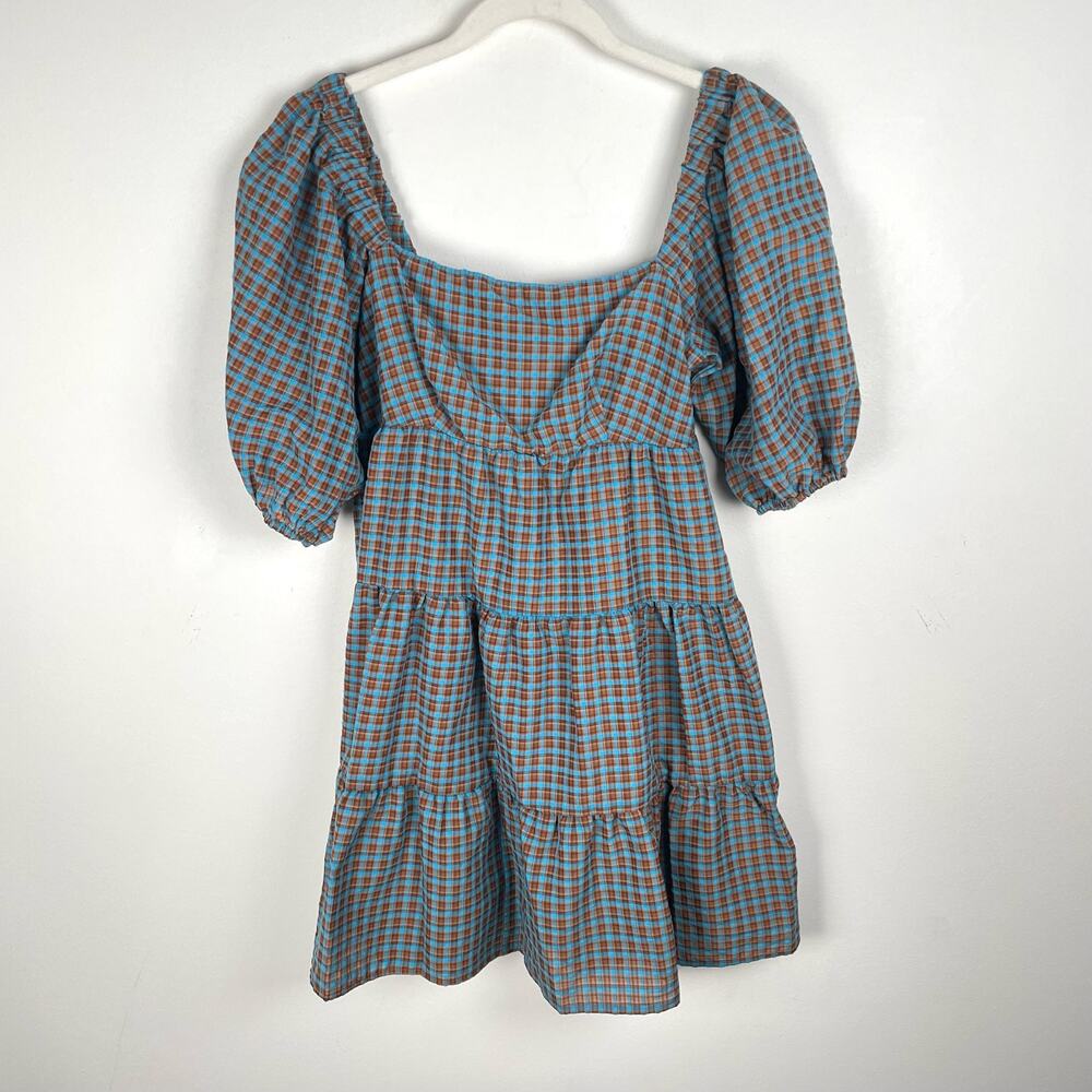 WAYF Gingham Plaid Tiered Babydoll Dress Size S Blue Brown Puff Sleeve Minidress